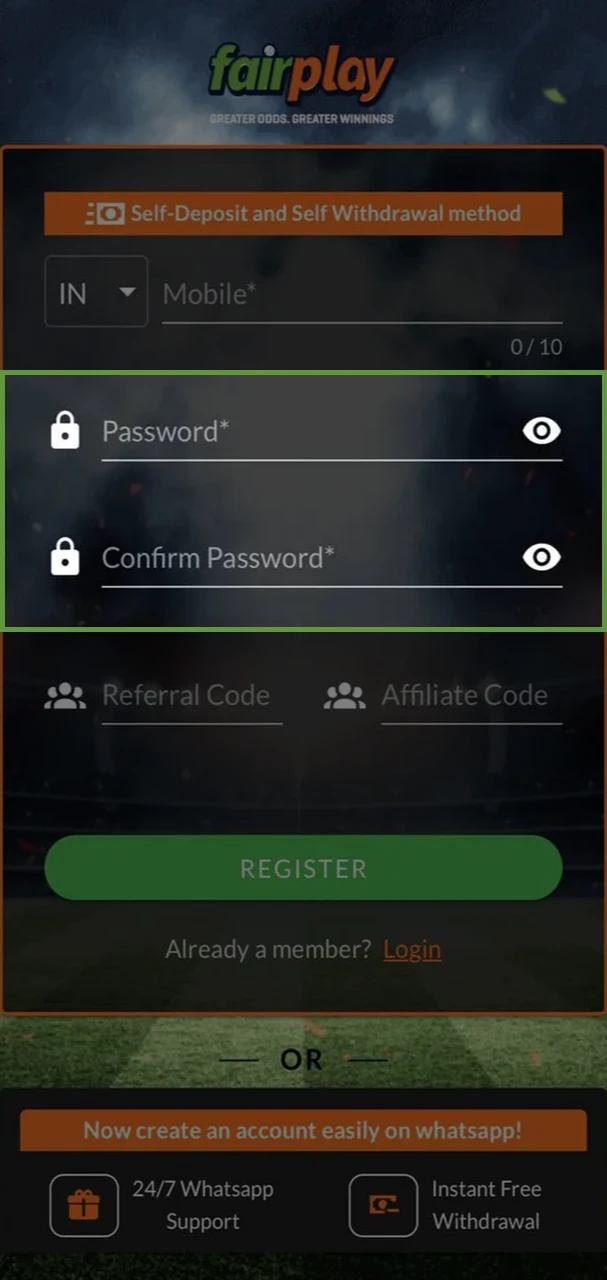 Create a password and confirm it to sign up for FairPlay.